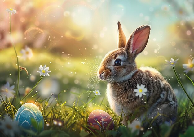 Easter bunny sitting with easter eggs on a green spring meadow with daisy flowers