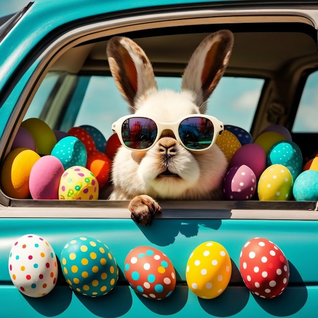 Пасхальный кролик со спортивными тенями среди машины, полной яиц, — самое милое зрелище в этот праздник Генеративный AI