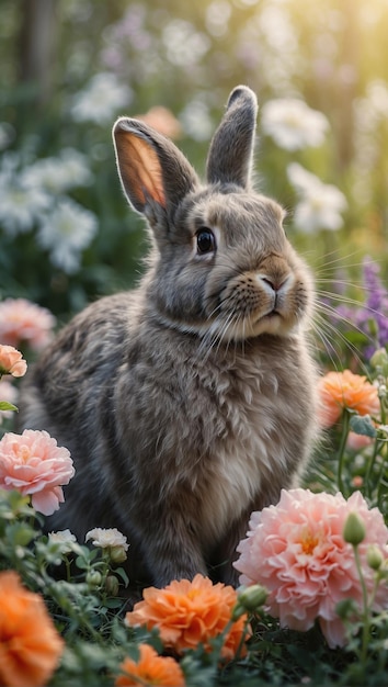 春の花の背景にあるイースターウサギ 煙っぽいふわふわの若いイエスターウサギ