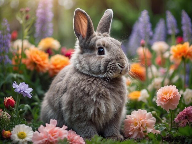 Easter bunny on spring floral background Smoky fluffy young Easter bunny