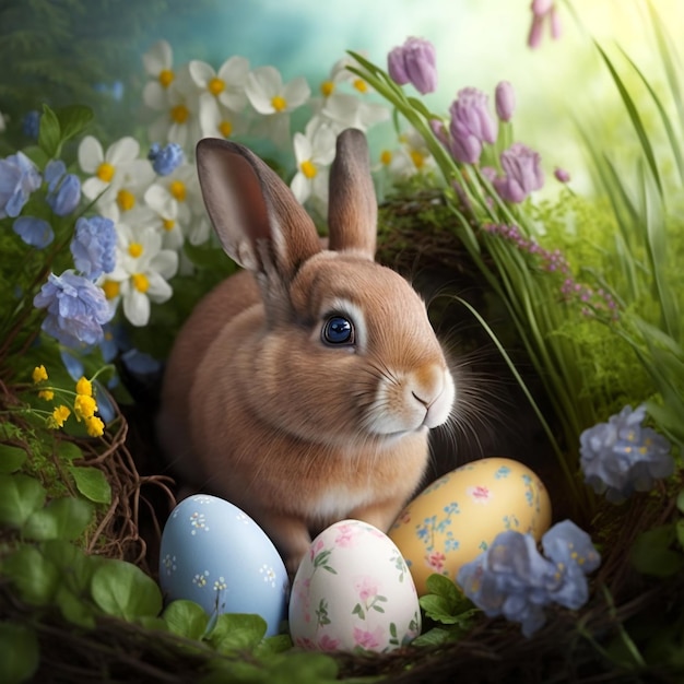 Easter Bunny in Spring Flowers