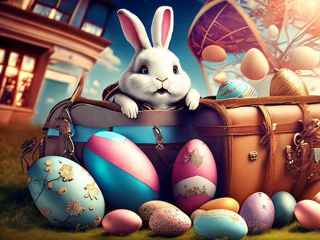 Easter bunny in a suitcase with easter eggs