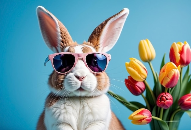 Easter bunny in sunglasses flowers and colored eggs happy easter concept