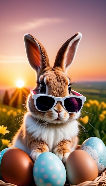 Easter bunny in sunglasses flowers and colored eggs happy easter concept