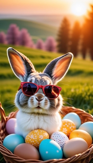 Easter bunny in sunglasses flowers and colored eggs happy easter concept
