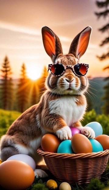 Easter bunny in sunglasses flowers and colored eggs happy easter concept