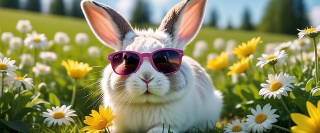 Easter bunny in sunglasses flowers and colored eggs happy easter concept