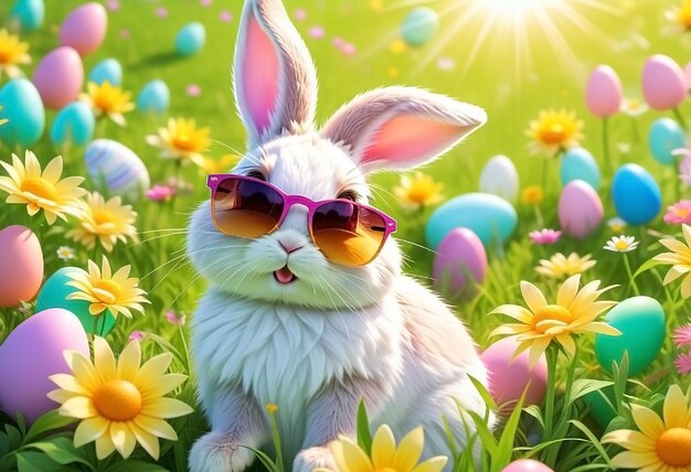 Easter bunny in sunglasses flowers and colored eggs happy easter concept