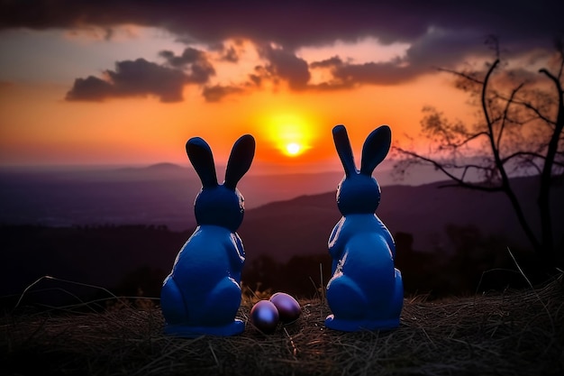 Easter bunny sunset of the sky and landscape as the sun goes down illustration AI generated