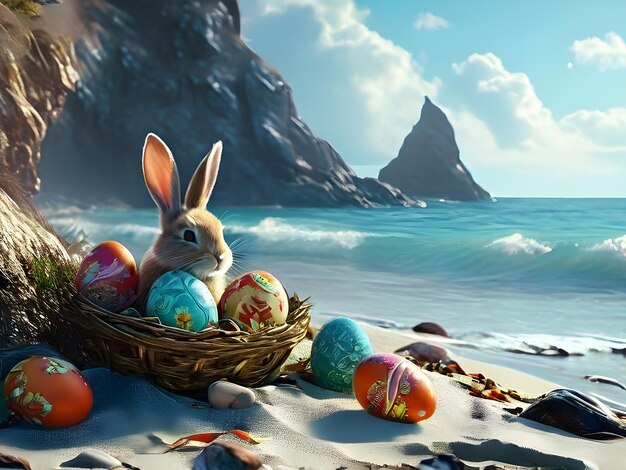 Foto il coniglietto di pasqua circondato da uova colorate perfetto per festeggiare le vacanze