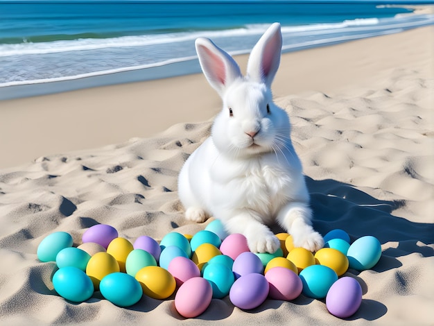 Photo easter bunny surrounded by colorful eggs perfect for celebrating holidaysgenerative ai