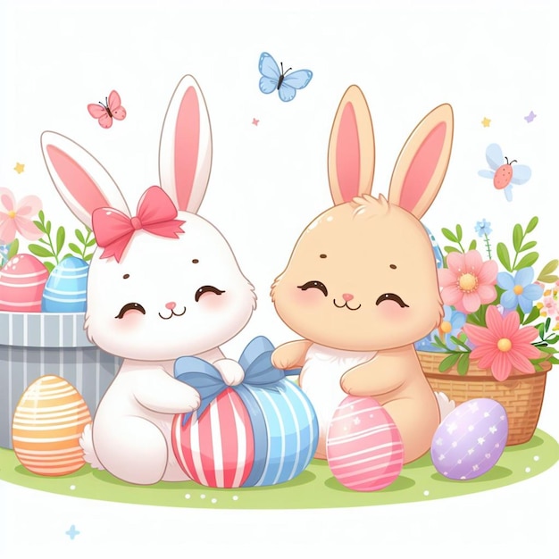 Easter bunny surrounded by colorful eggs