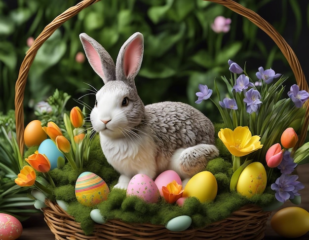 Easter bunny on the table in a basket with Easter eggs