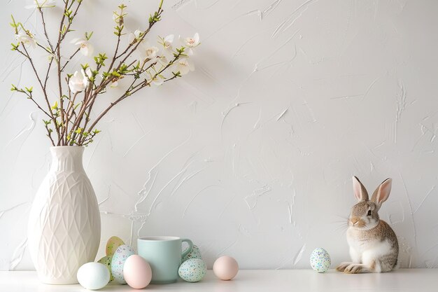 Photo easter bunny vase with plant branches and eggs generative ai