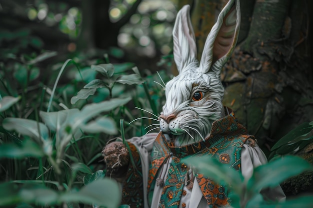 Photo easter bunny wearing a costume in a fantasy world generative ai