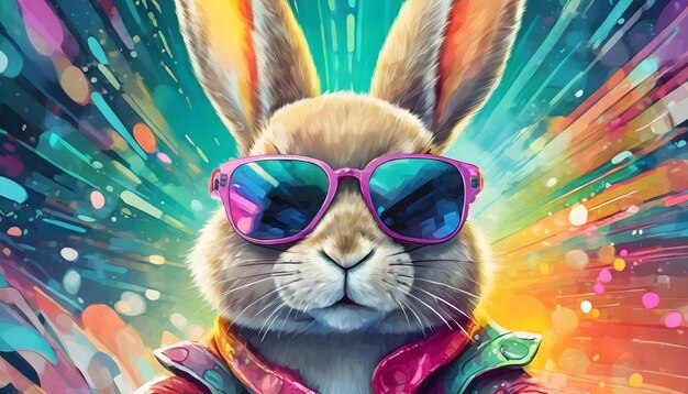 Photo easter bunny wearing sunglasses on colorful background happy easter concept