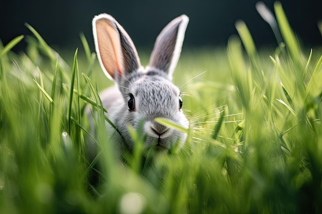 Пасхальный кролик, который носит пасхальную корзину и яйца, прячется на Пасху за листьями травы.