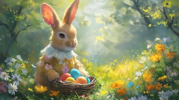 Easter bunny in a wicker basket in a green clearing