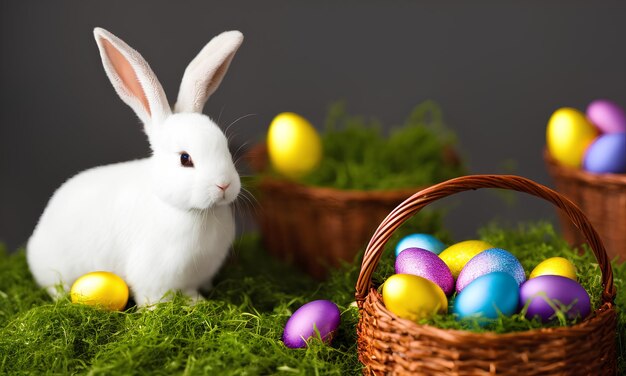 Easter bunny with basket of colorful eggs on green grass over dark background