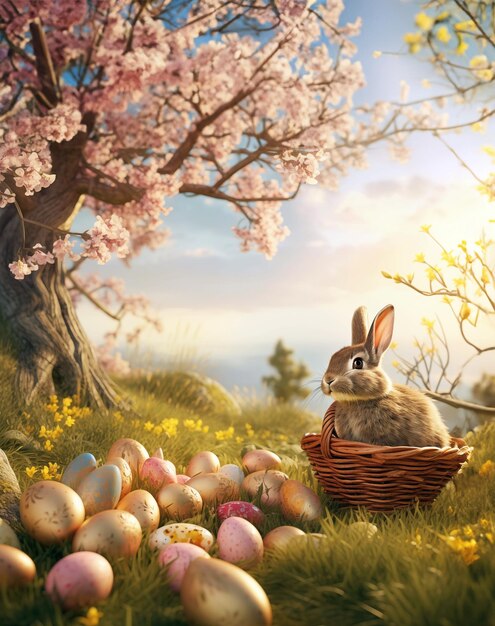 Easter bunny with a basket of Easter eggs in the grass against the backdrop of spring nature