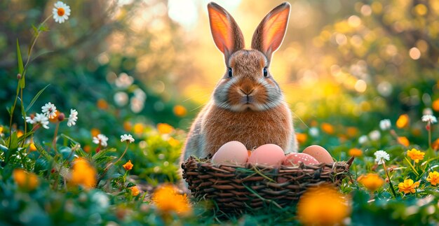 Foto coniglietto di pasqua con un cesto di uova di pasqua santa festa di pasqua immagine generata dall'ai