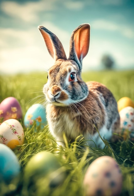 Easter bunny with a basket of eggs Happy Easter Bunny on a card on their hind legs with flowers at sunset Cute hare