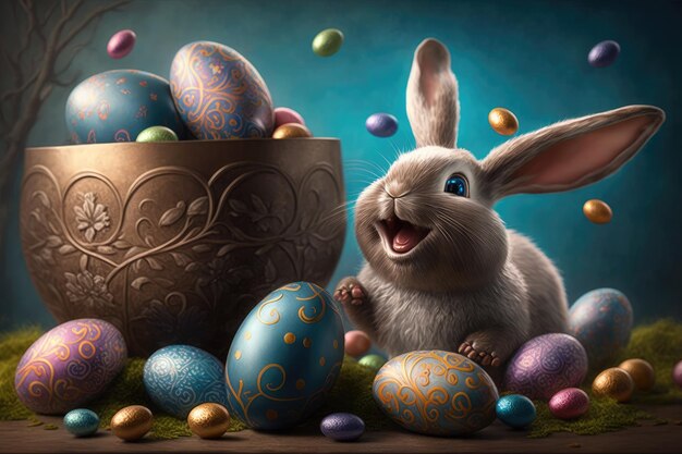 Easter bunny with a bowl of easter eggs