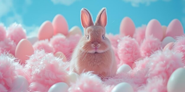 Easter bunny with colored eggs flowers and a rabbit in a field with sunlight