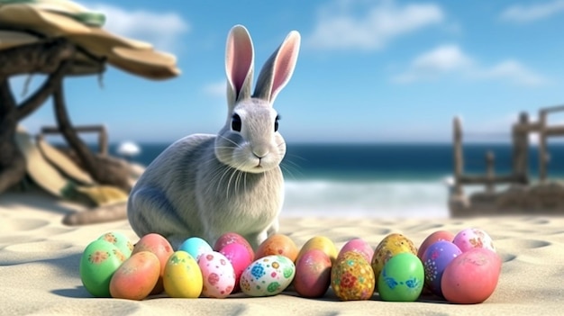 Easter bunny with colorful easter eggs on a tropical beach generative ai