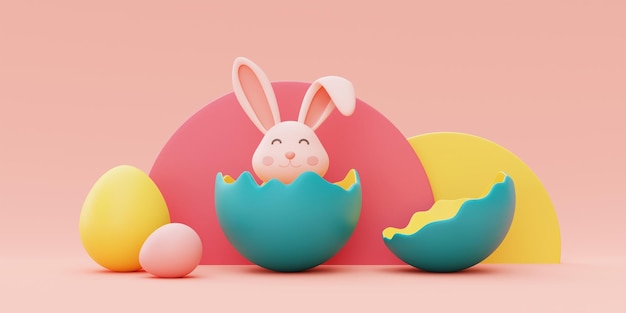 Пасхальный кролик с красочными пасхальными яйцамиконцепция праздника счастливой пасхиминимальный стиль3d визуализация