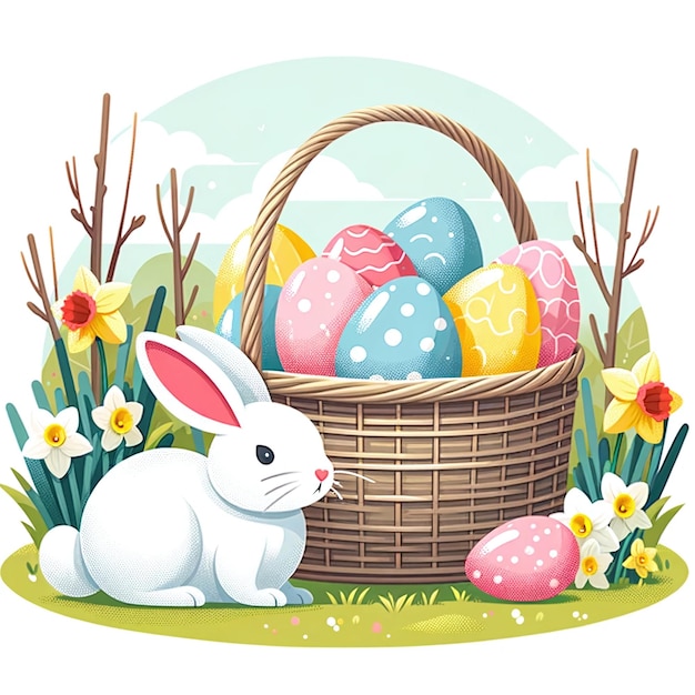 Easter bunny with colorful egg basket spring flowers festive holiday illustration for cards