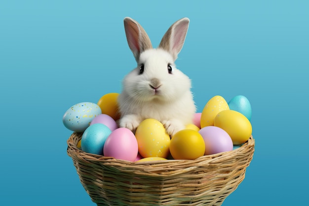 Пасхальный кролик с красочными яйцами в плетеной корзине