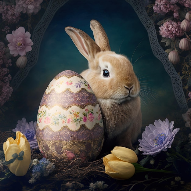 Easter bunny with decorated chicken eggs. Digital illustration.