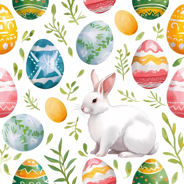 Foto coniglio di pasqua con uova decorative e fogliame a disegno senza cuciture