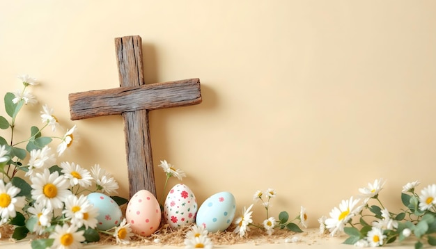 easter bunny with decorative eggs spring flowers and white christian cross on beige background
