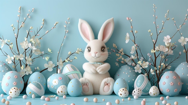 Фото Пасхальный кролик с пасхальными яйцами и ивойкой на пастельном фоне