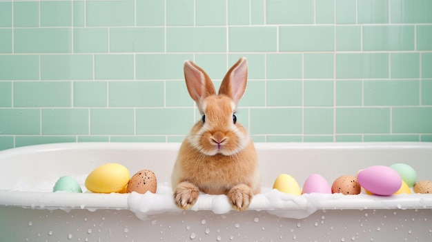 Пасхальный кролик с пасхальными яйцами в ванне AI Generative