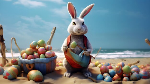 Easter bunny with easter eggs on the beach