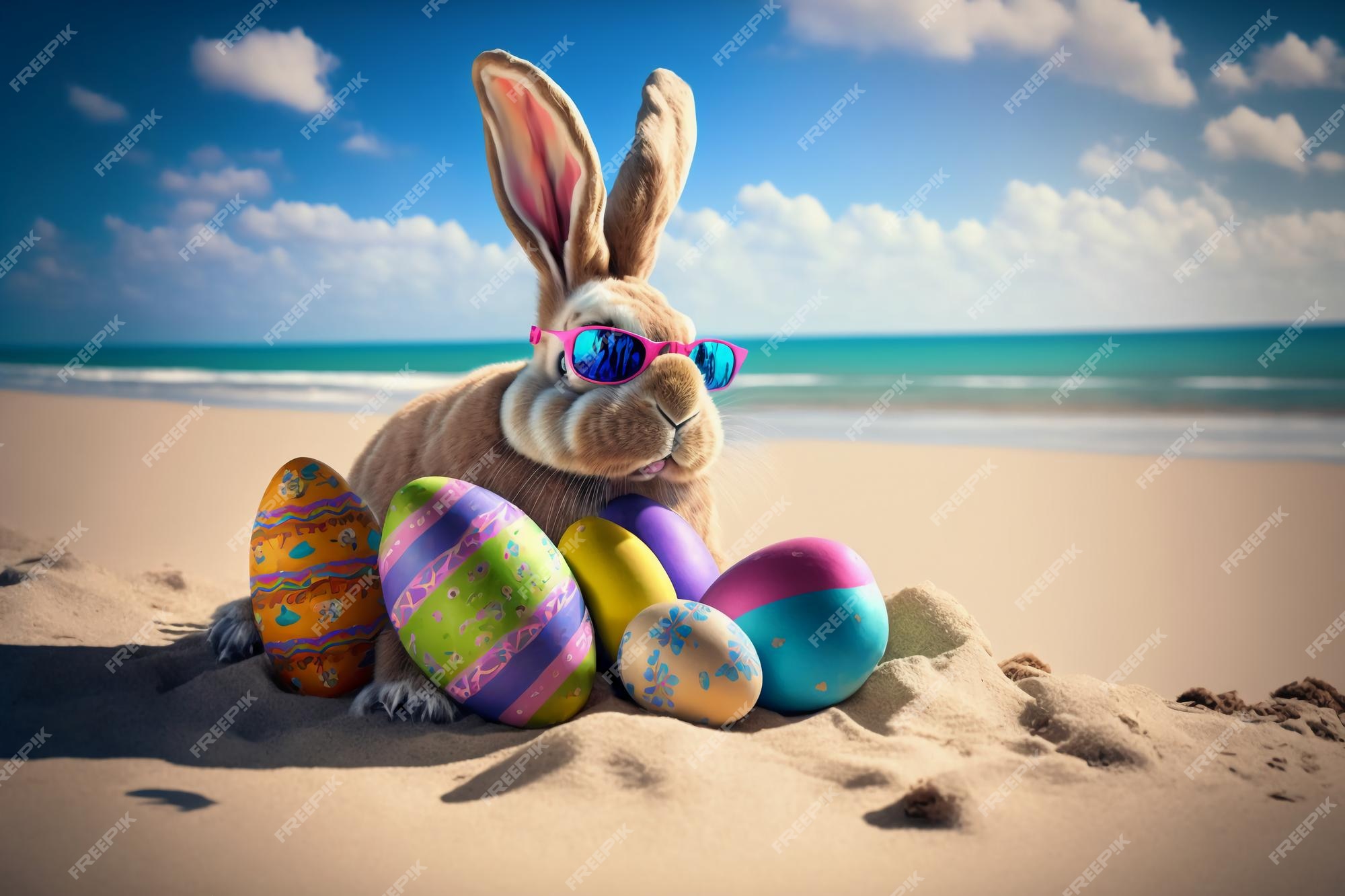 Premium Photo Easter Bunny with Easter eggs on the beach