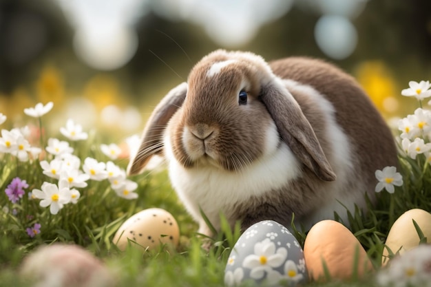 Easter bunny with easter eggs in a field