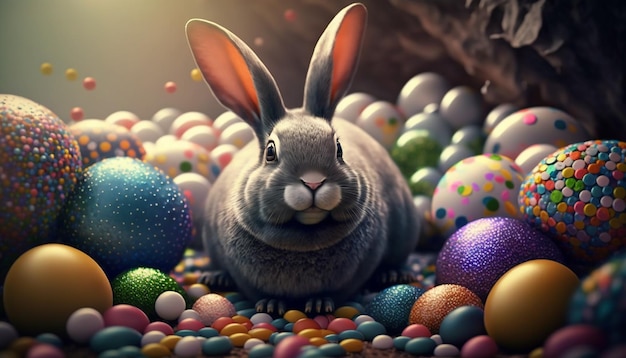 Easter bunny with easter eggs for holiday in spring Generative AI