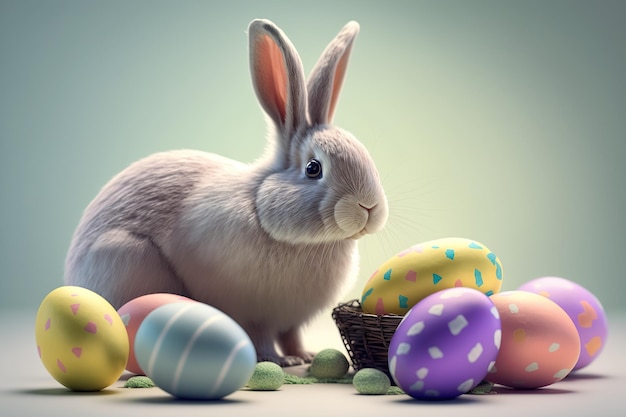 Easter bunny with easter eggs,isolated on clear pastel background , Generative ai