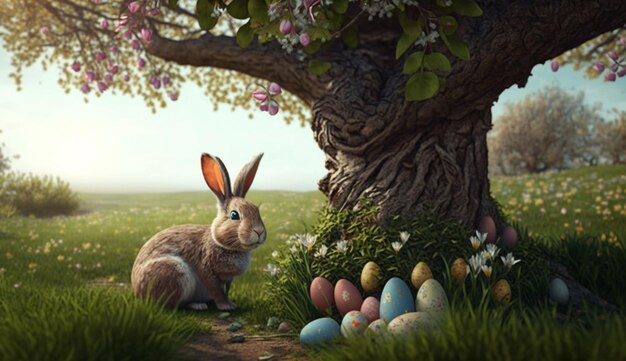 Easter bunny with easter eggs under a tree Generative AI