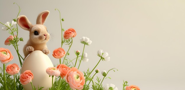 Easter bunny with an egg and tender ranunculus flowers on a light background