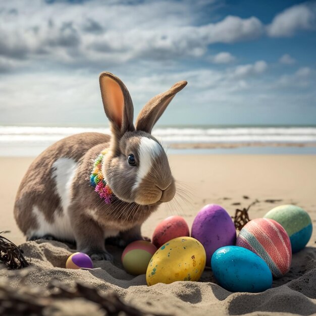 Easter bunny with eggs in beach AI