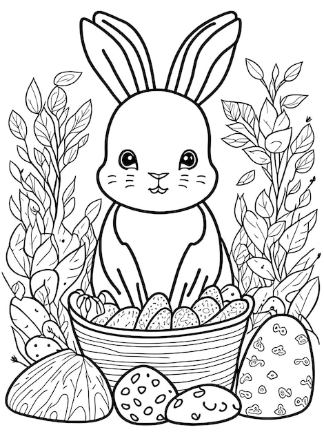 Photo easter bunny with eggs coloring page for kids