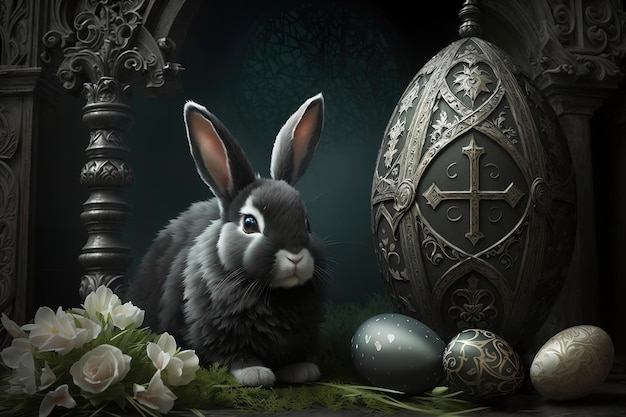 어두운 고딕 양식의 달걀이 있는 부활절 토끼