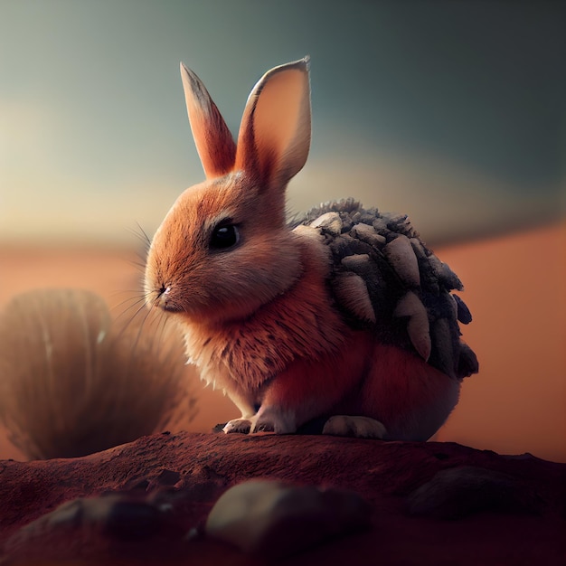 Easter bunny with eggs in the desert 3d illustration