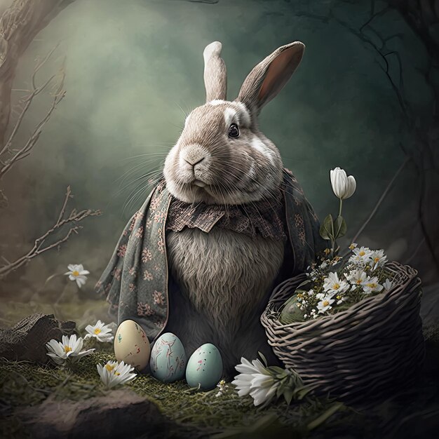 Easter bunny with eggs and flowers