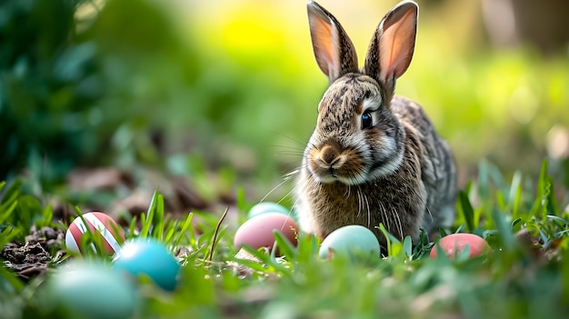 Easter bunny with eggs on the grass Copy space